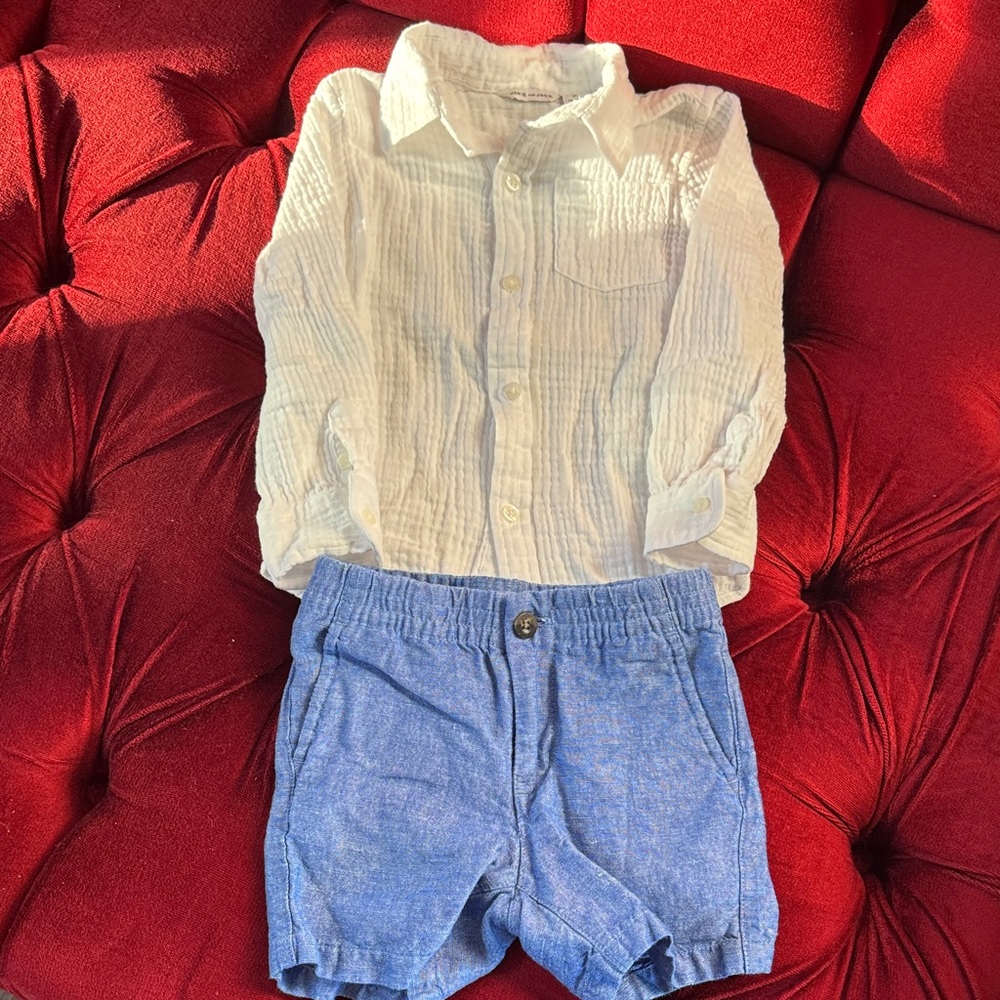 Janie and Jack White Button Down Shirt and blue shorts. Worn less than handful.